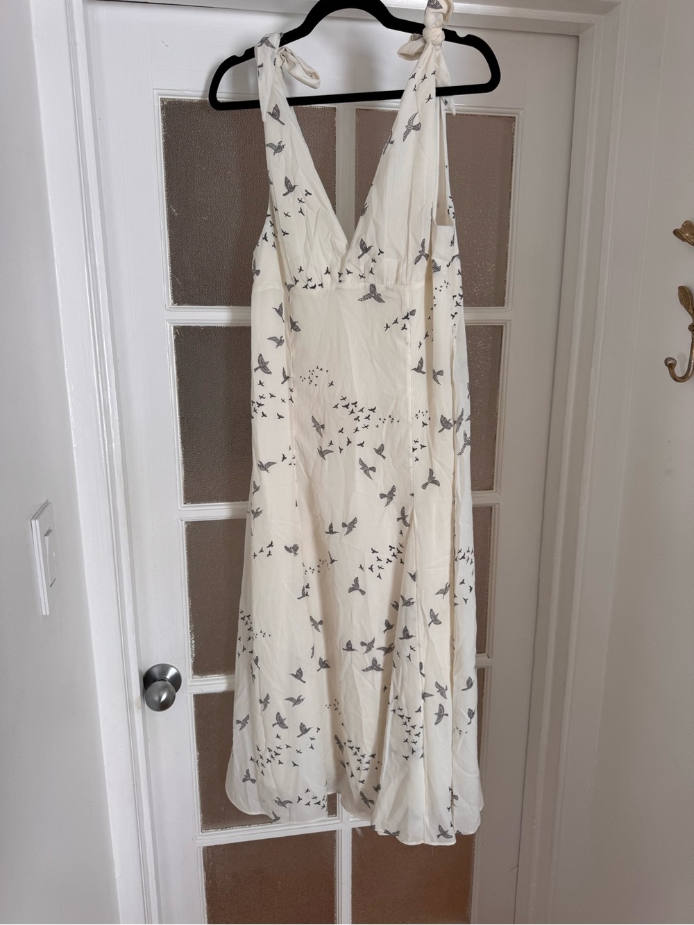 H&M Cream Midi Dress with Gray Bird Print and Tie Straps - Picture 1 of 7
